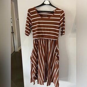 Latched Mama Nursing Dress, Brown with white stripes